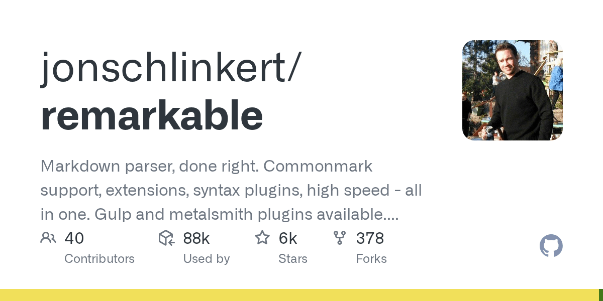 GitHub jonschlinkert/remarkable Markdown parser, done right