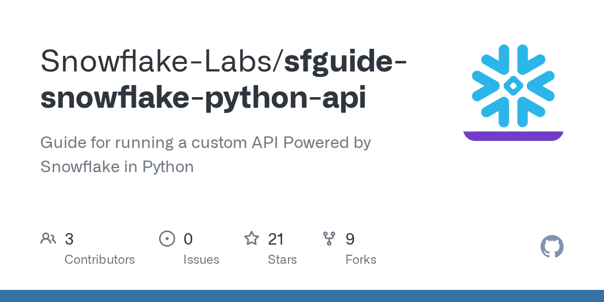 GitHub SnowflakeLabs/sfguidesnowflakepythonapi Guide for running