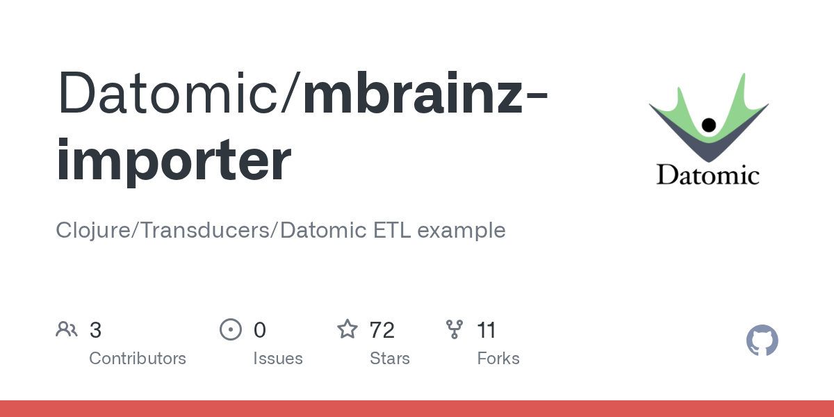GitHub Datomic/mbrainzimporter Clojure/Transducers/Datomic ETL example