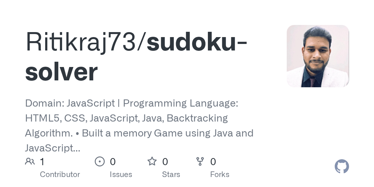 GitHub Ritikraj73/sudokusolver Domain JavaScript Programming