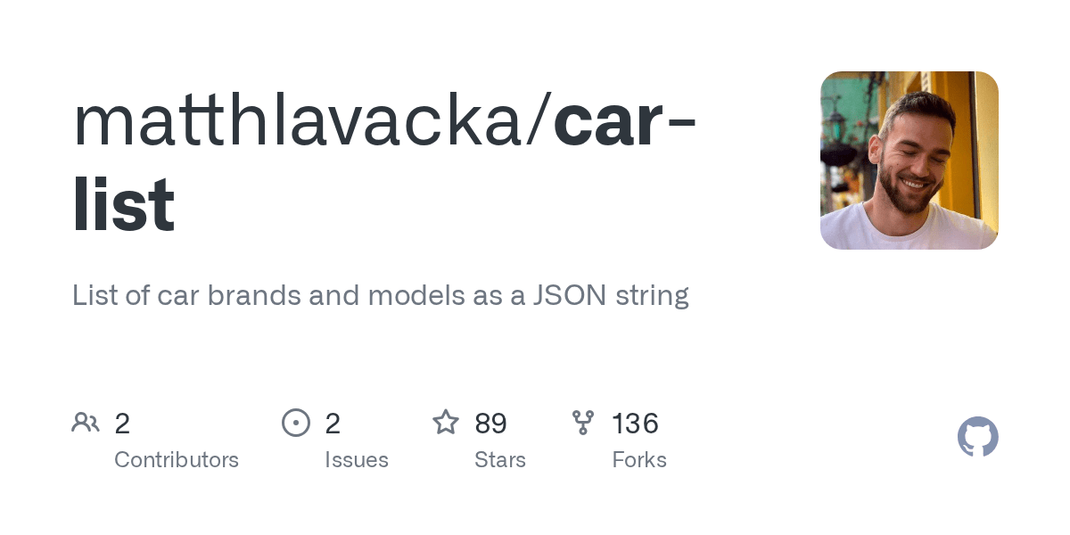 GitHub matthlavacka/carlist List of car brands and models as a JSON
