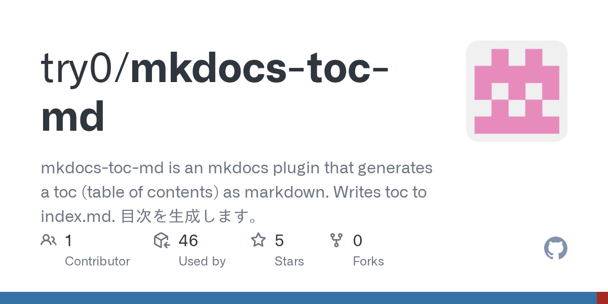 GitHub try0/mkdocstocmd mkdocstocmd is an mkdocs plugin that