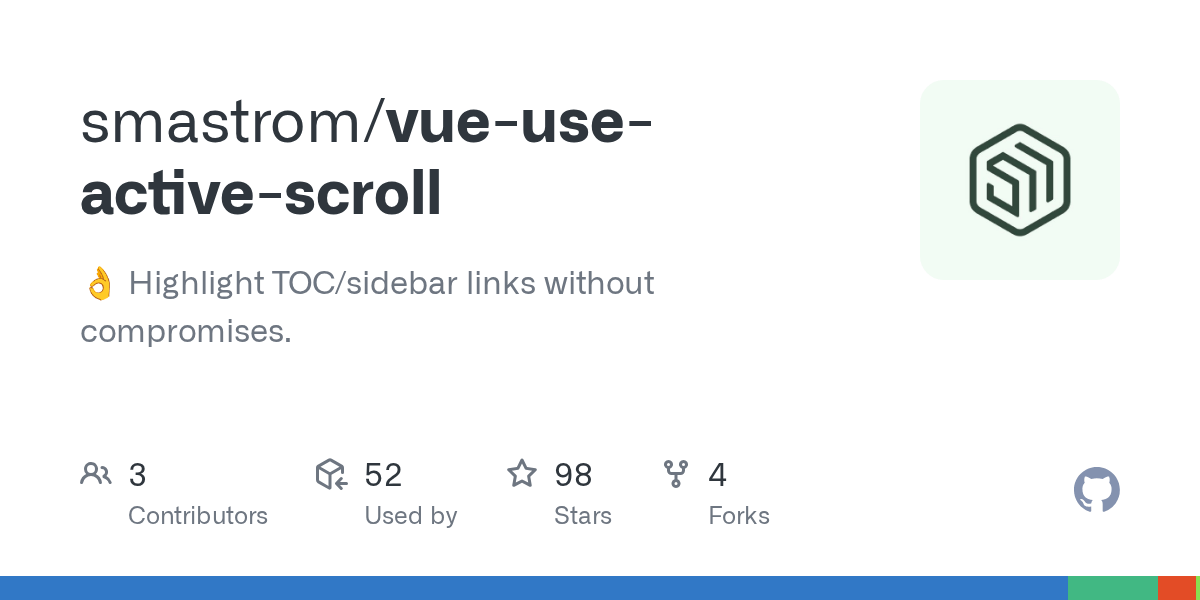 GitHub smastrom/vueuseactivescroll ok_hand Highlight menu/sidebar links without compromises.