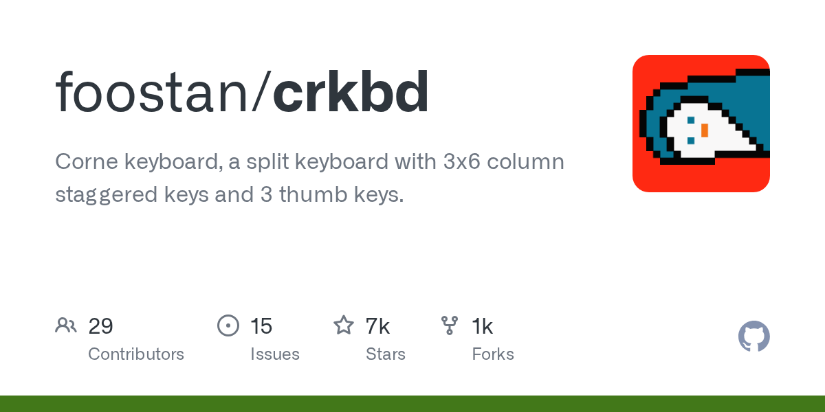GitHub foostan/crkbd Corne keyboard, a split keyboard with 3x6
