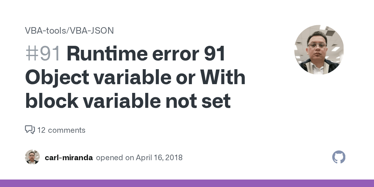 Runtime error 91 Object variable or With block variable not set Â· Issue