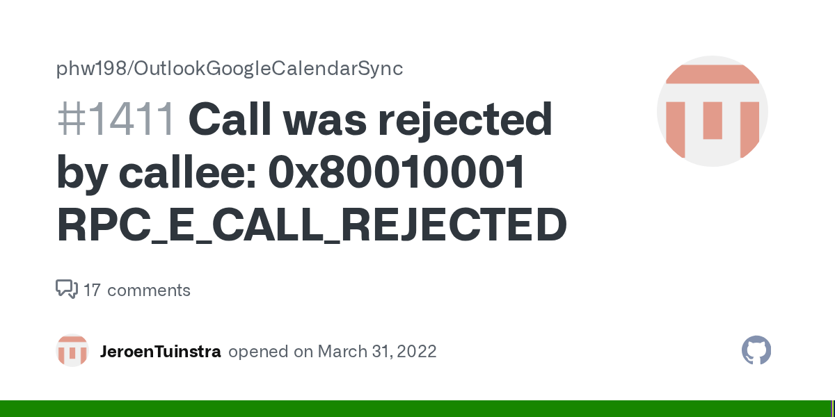 Call was rejected by callee 0x80010001 RPC_E_CALL_REJECTED · Issue