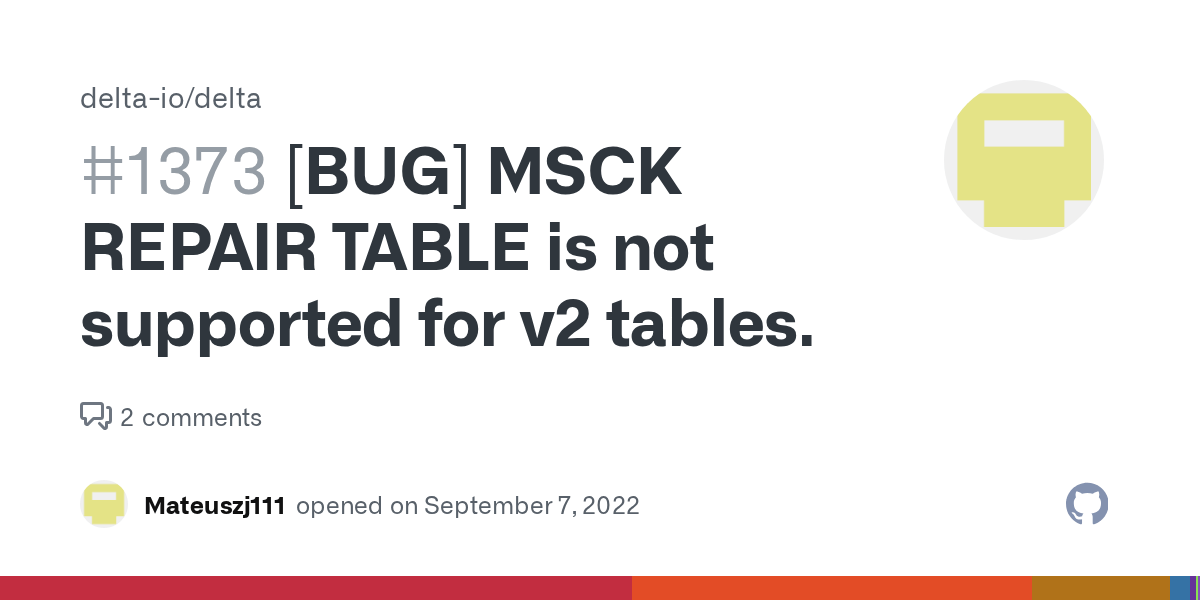 [BUG] MSCK REPAIR TABLE is not supported for v2 tables. · Issue 1373