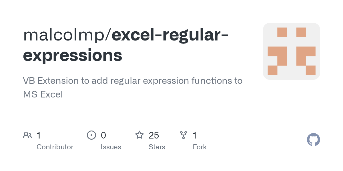 GitHub malcolmp/excelregularexpressions VB Extension to add