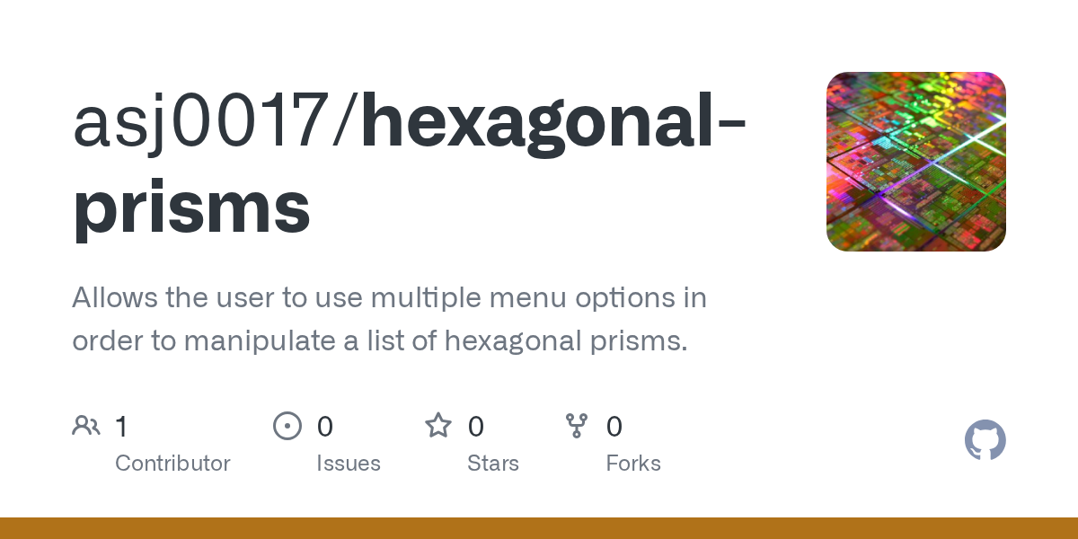 GitHub asj0017/hexagonalprisms Allows the user to use multiple menu options in order to