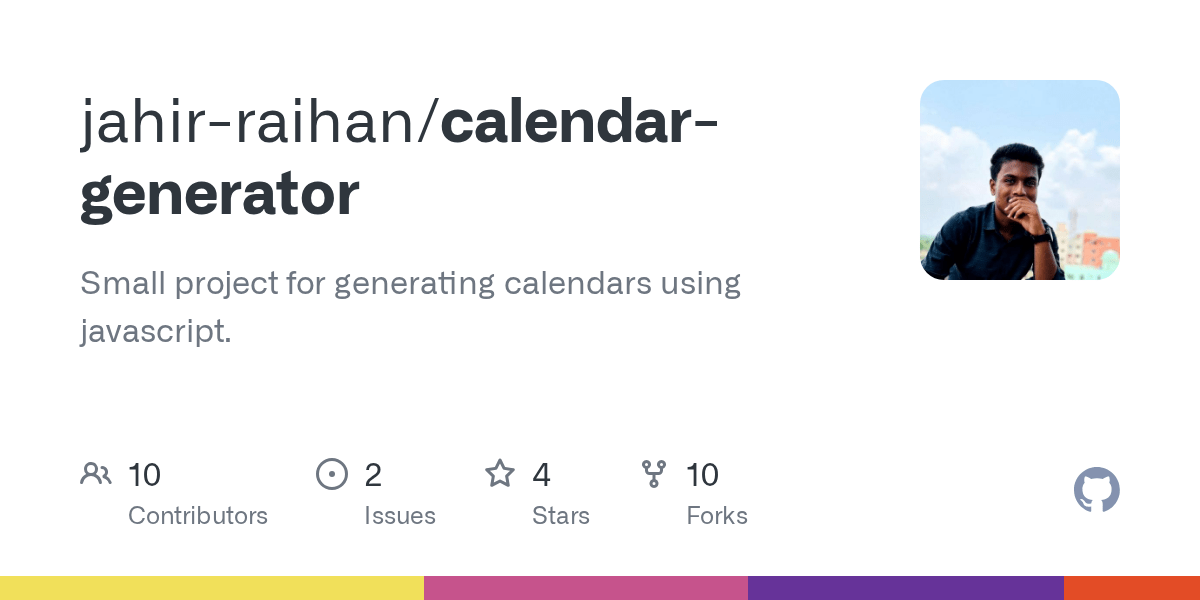 GitHub jahirraihan/calendargenerator Small project for generating calendars using javascript.