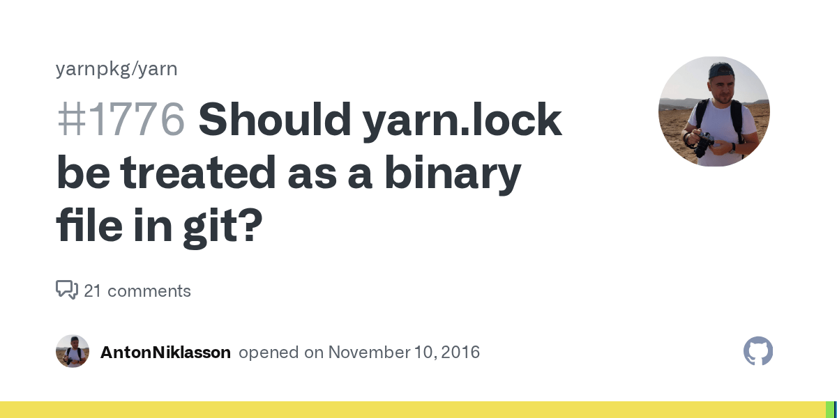 Should yarn.lock be treated as a binary file in git? · Issue 1776