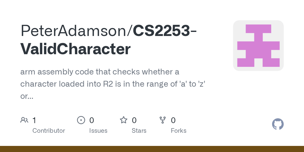 GitHub PeterAdamson/CS2253ValidCharacter arm assembly code that