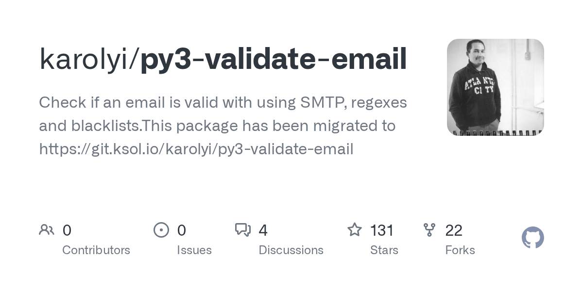 GitHub karolyi/py3validateemail Check if an email is valid with