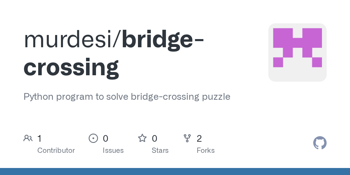 GitHub murdesi/bridgecrossing Python program to solve bridge