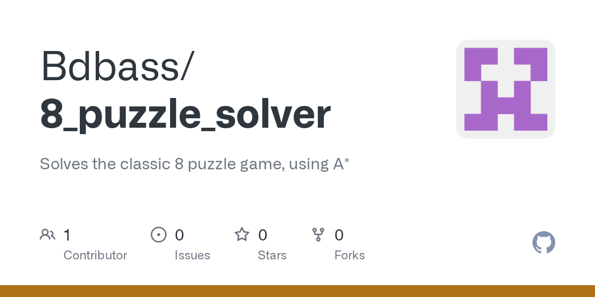 GitHub Bdbass/8_puzzle_solver Solves the classic 8 puzzle game, using A*