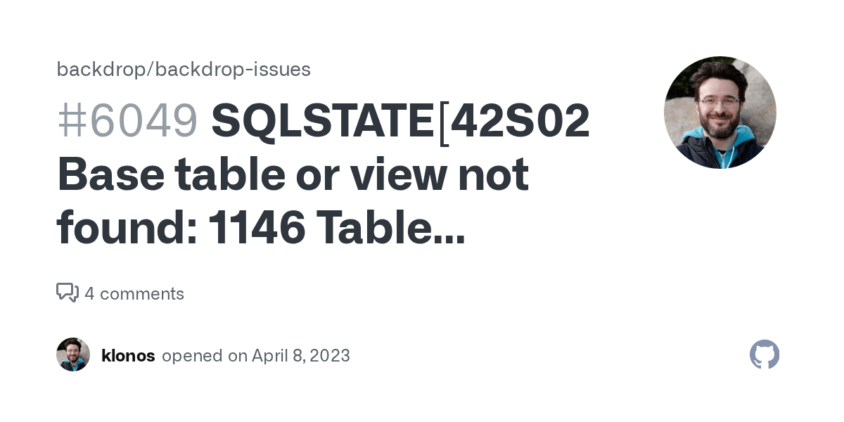 SQLSTATE[42S02] Base table or view not found 1146 Table 'backdrop