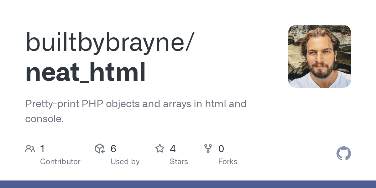 GitHub builtbybrayne/neat_html Prettyprint PHP objects and arrays
