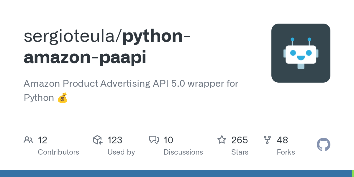 GitHub sergioteula/pythonamazonpaapi Amazon Product Advertising API 5.0 wrapper for Python 💰