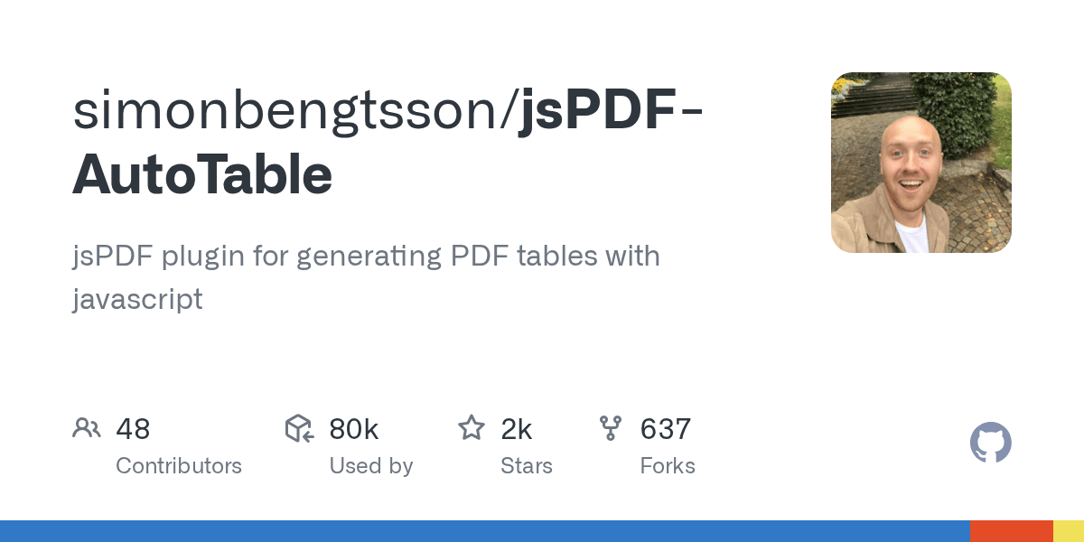 GitHub simonbengtsson/jsPDFAutoTable jsPDF plugin for generating