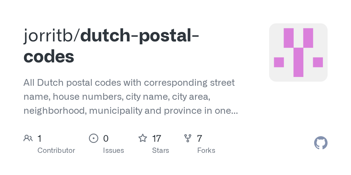GitHub jorritb/dutchpostalcodes All Dutch postal codes with corresponding street name