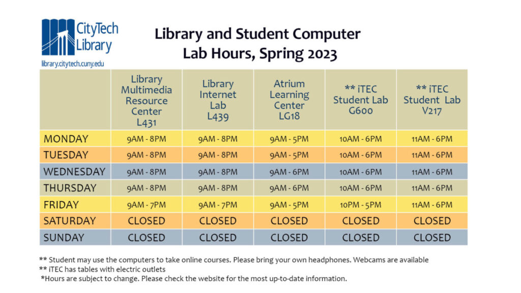 City Tech Computer lab hours, Spring 2023 Dr. Nakamura's Student