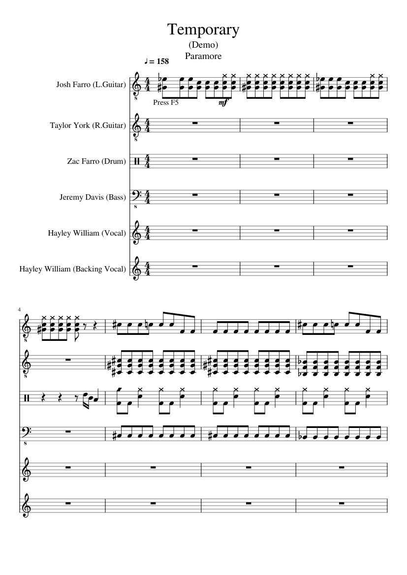 Free sheet music Temporary by Paramore, Play and Download any time