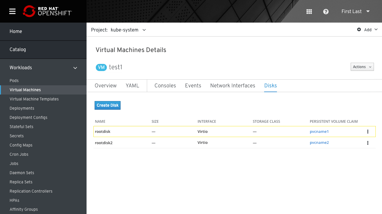 Link between PVC and VM Disk OpenShift Design