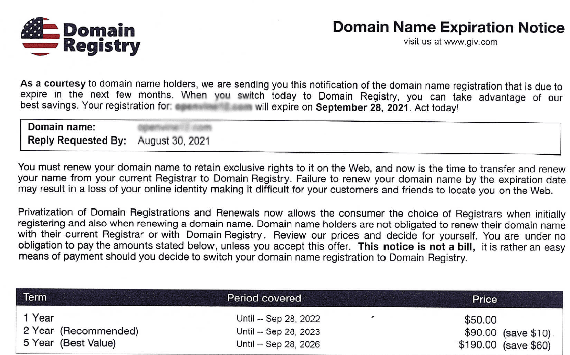 Beware Of Domain Registry Of America Scams