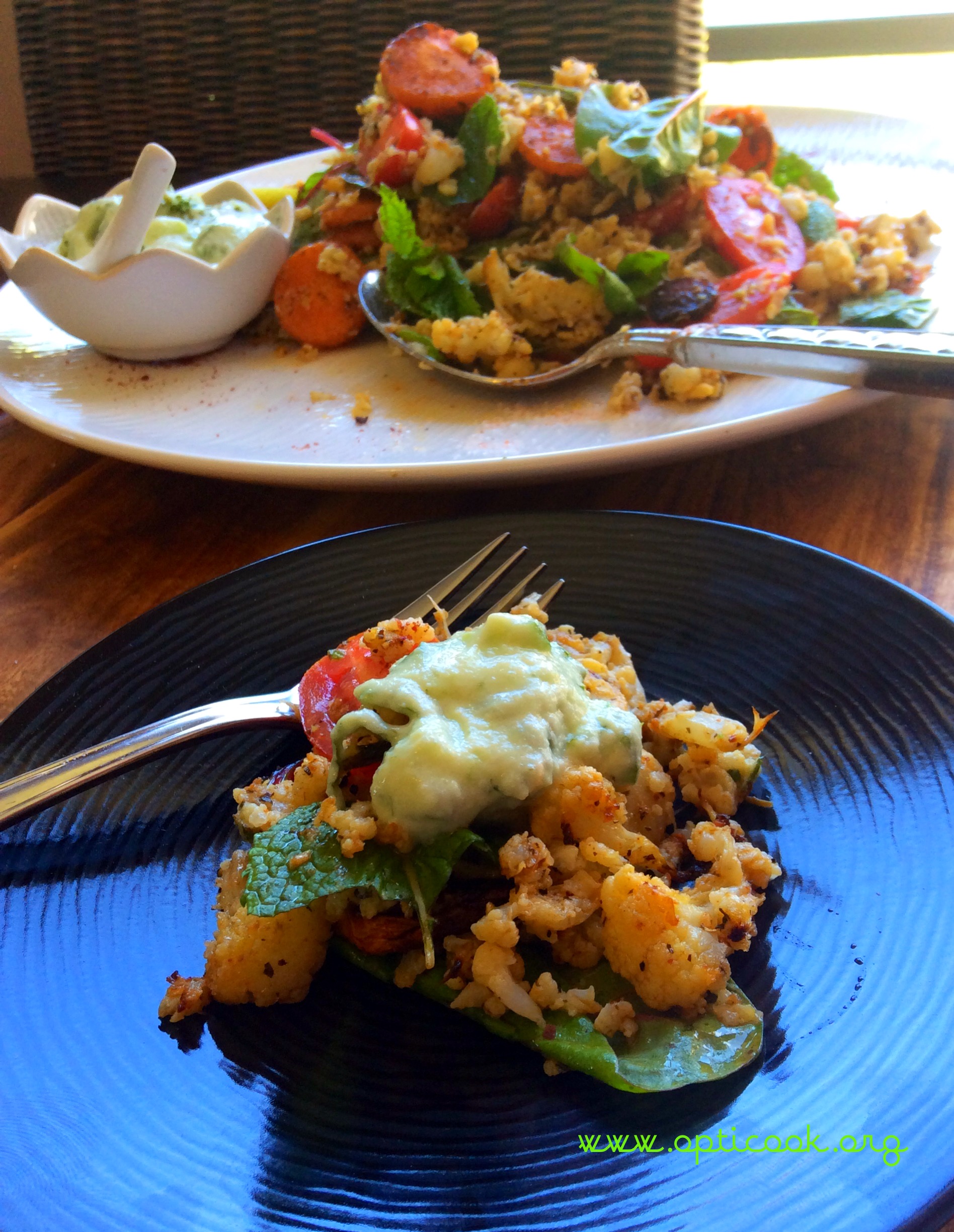 Middle eastern roasted cauliflower salad with a cool cucumber & mint