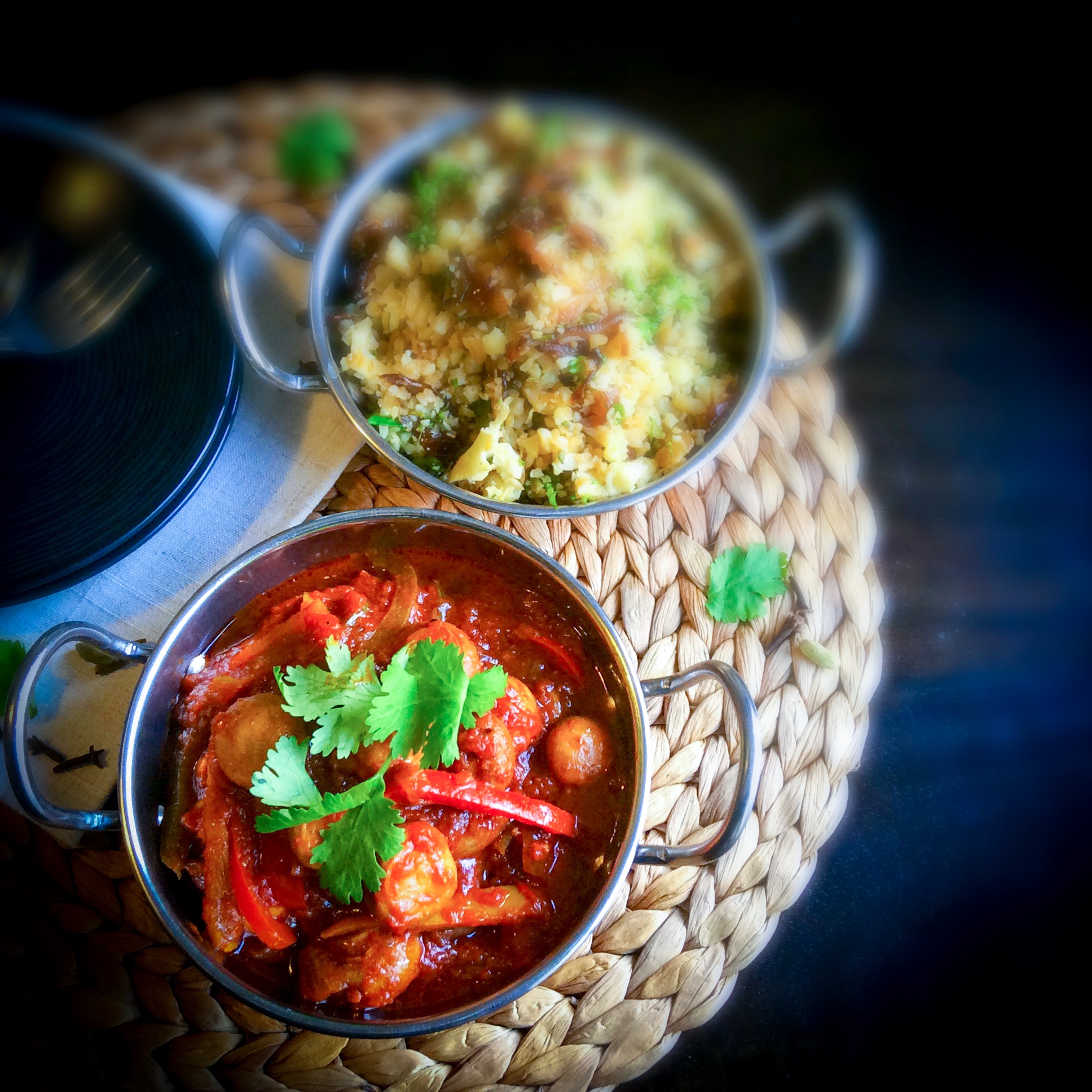 Simple Indian Kadai mushrooms with saffron cauliflower rice, a great