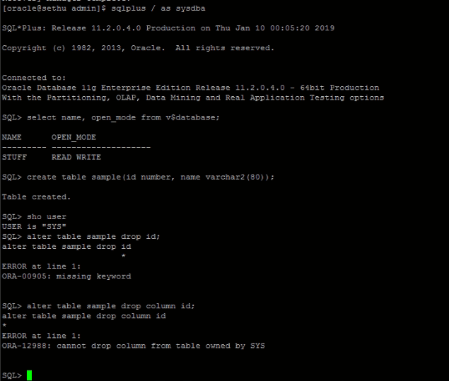 ORA12988 cannot drop column from table owned by SYS Oracledbwr