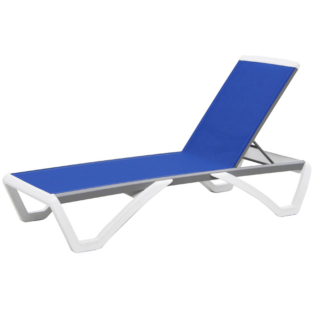 Chaise longue en PVC blanc et toile plastifiée bleue Orca