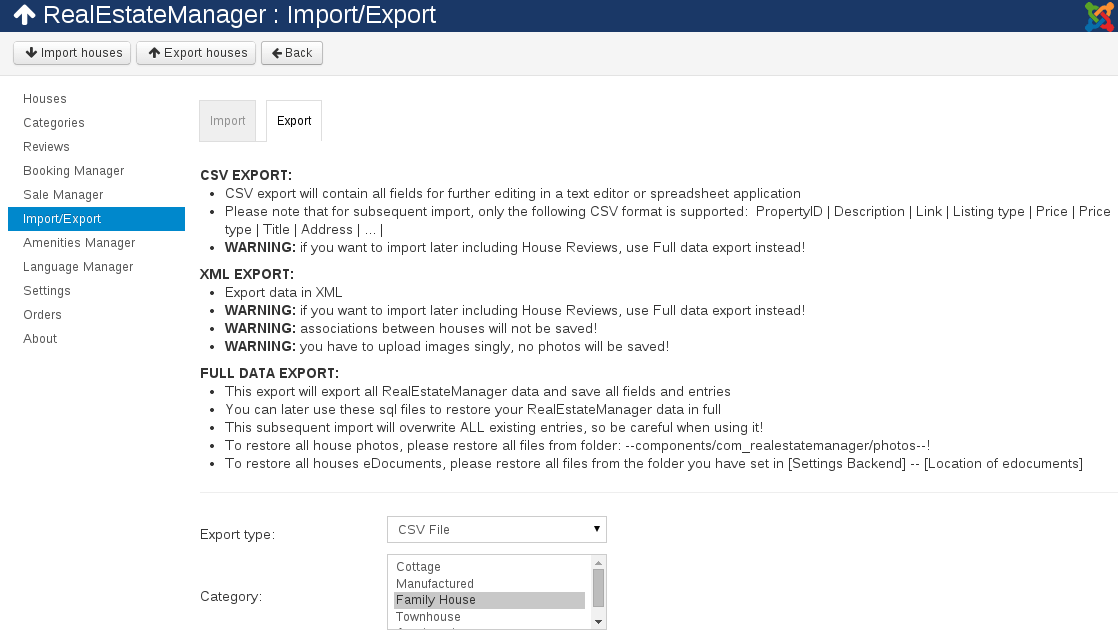 Exporting Houses to CSV, XML, full XML in Real Estate Manager, real