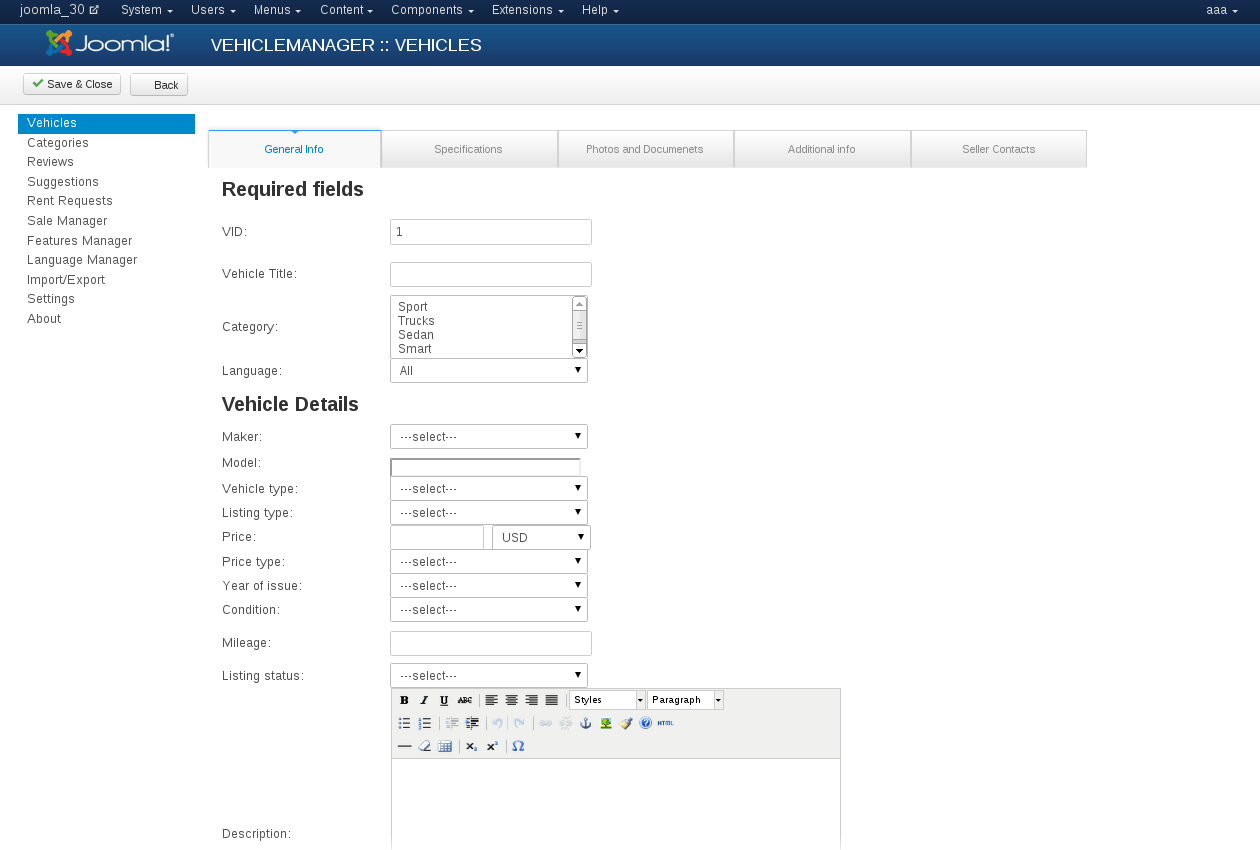 Entering Vehicles manually in Vehicle manager Joomla car rental