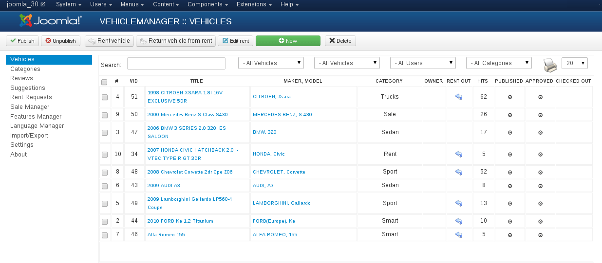 Using Manager of Vehicles in Joomla Car dealer software Vehicle manager