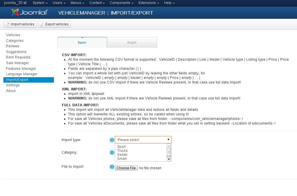 Importing vehicles from CSV, XML, full XML into Vehicle Manager
