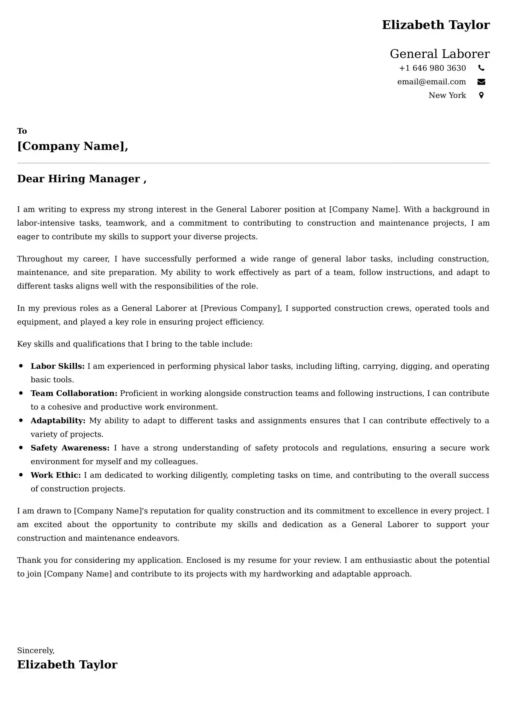 General Laborer Cover Letter Examples US Format and Tips