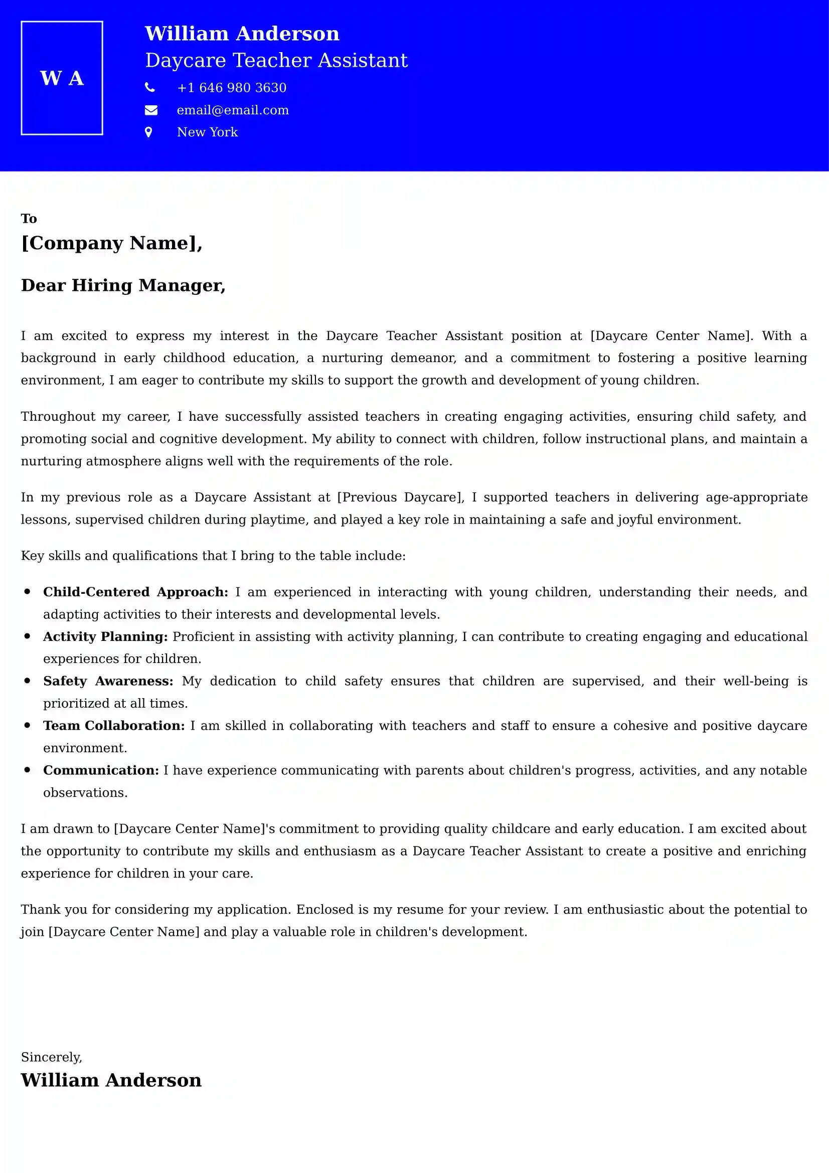 Daycare Teacher Assistant Cover Letter Examples US Format and Tips