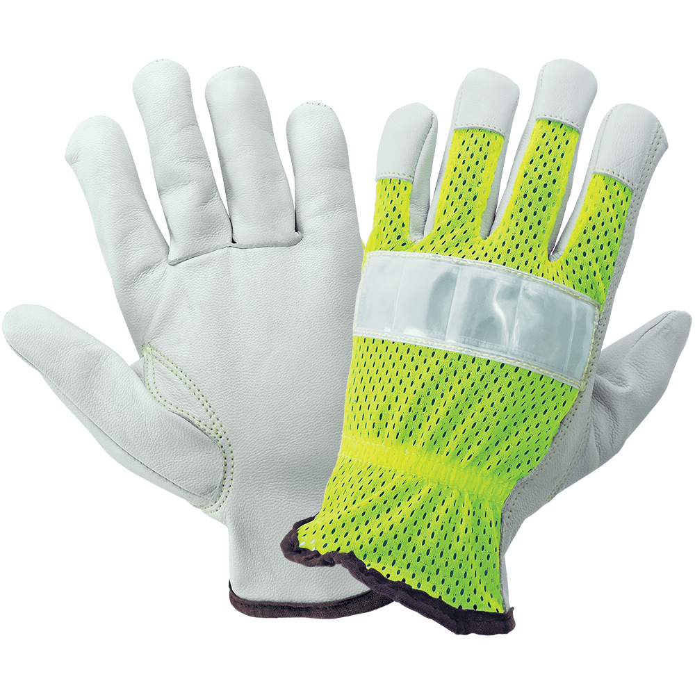 HiVis Mesh Back Premium Goatskin Leather Palm Drivers Style Gloves
