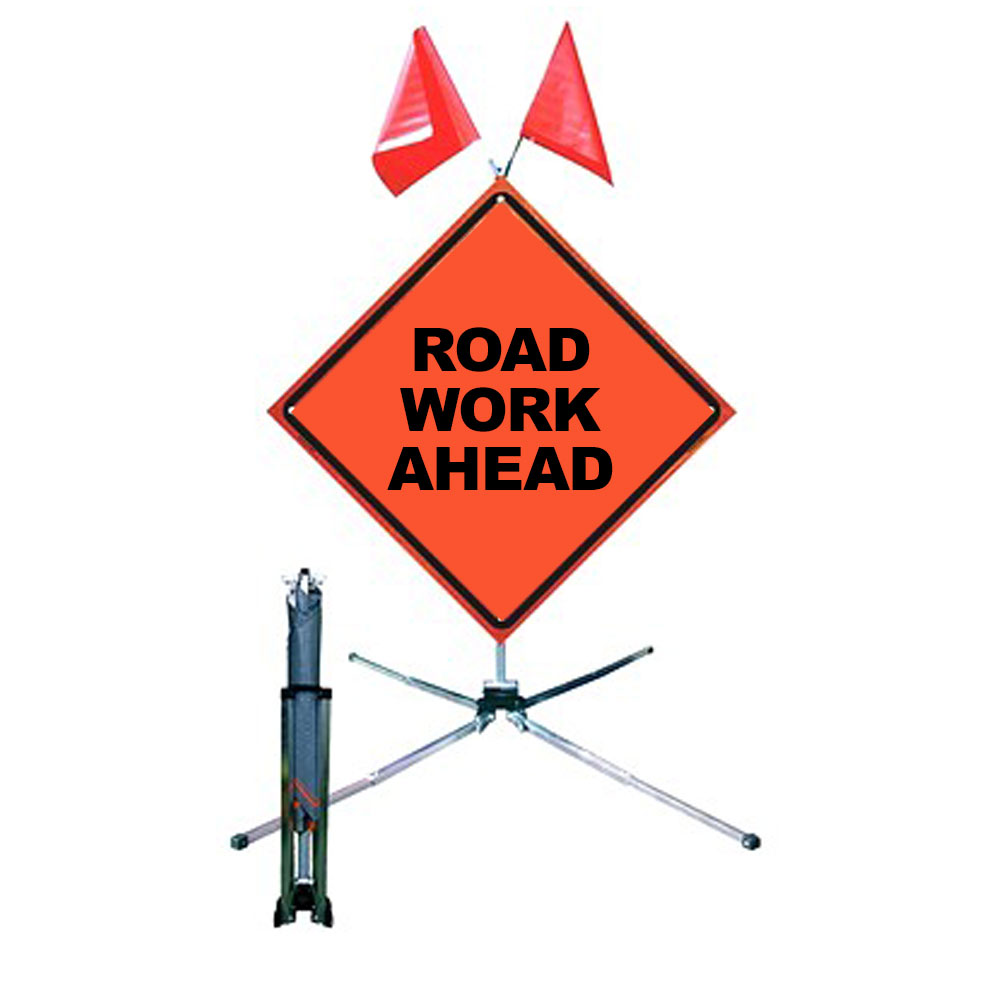 48" Superbright Fold & Roll Road Work Ahead Sign with Collapsible Stand