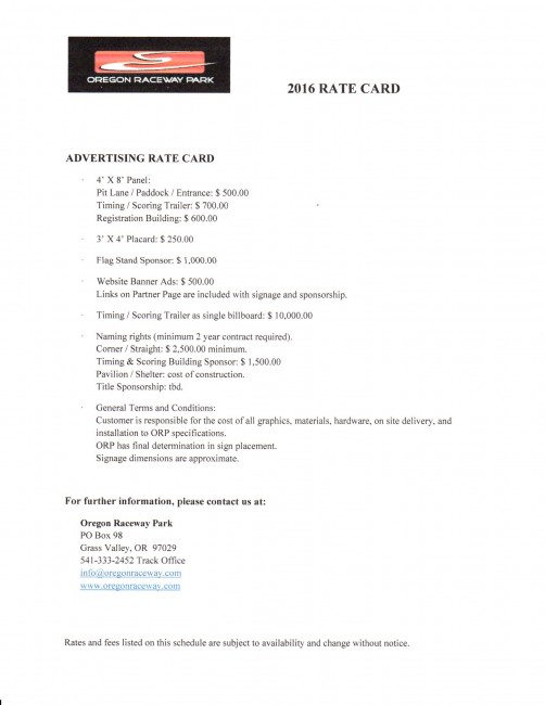 Advertising Rate Card Oregon Raceway Park