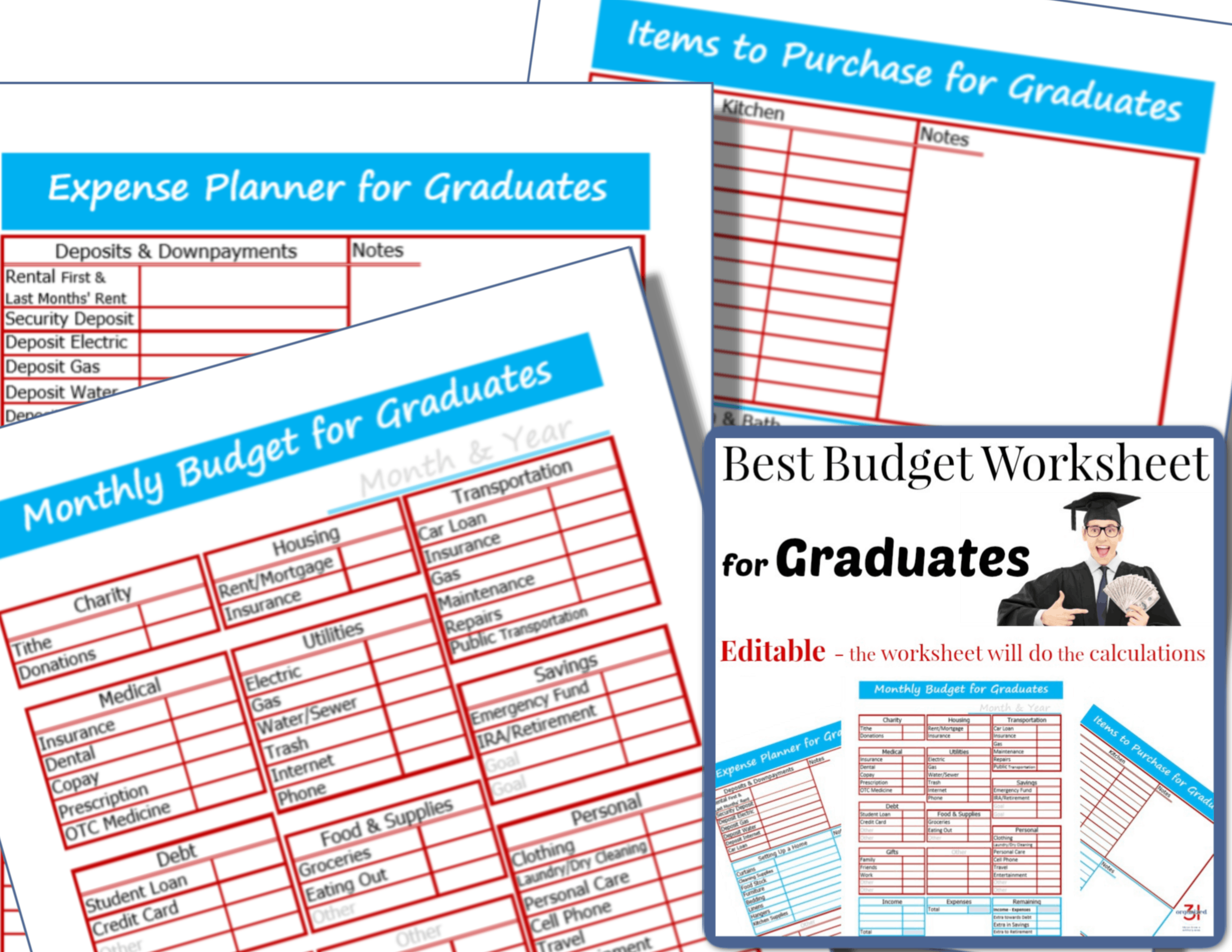Budget Worksheet for Graduates Editable & Printable Organized 31