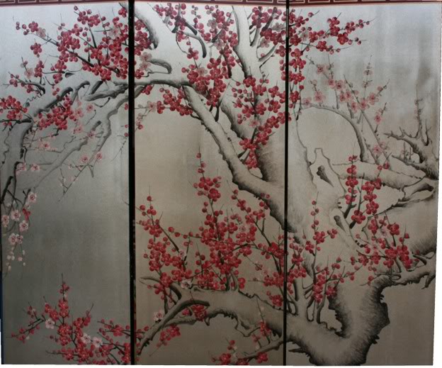 Oriental Cherry Blossom Room Divider Screen Silver Leaf