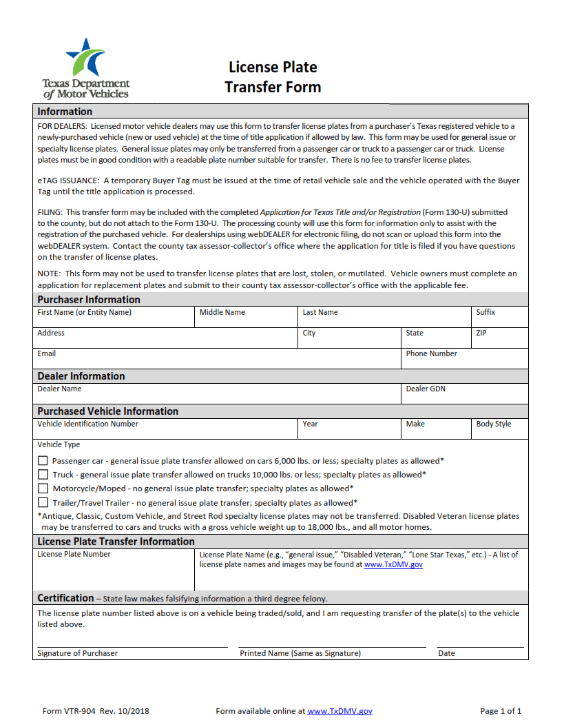 VTR904 License Plate Transfer Form Origin Form Studio