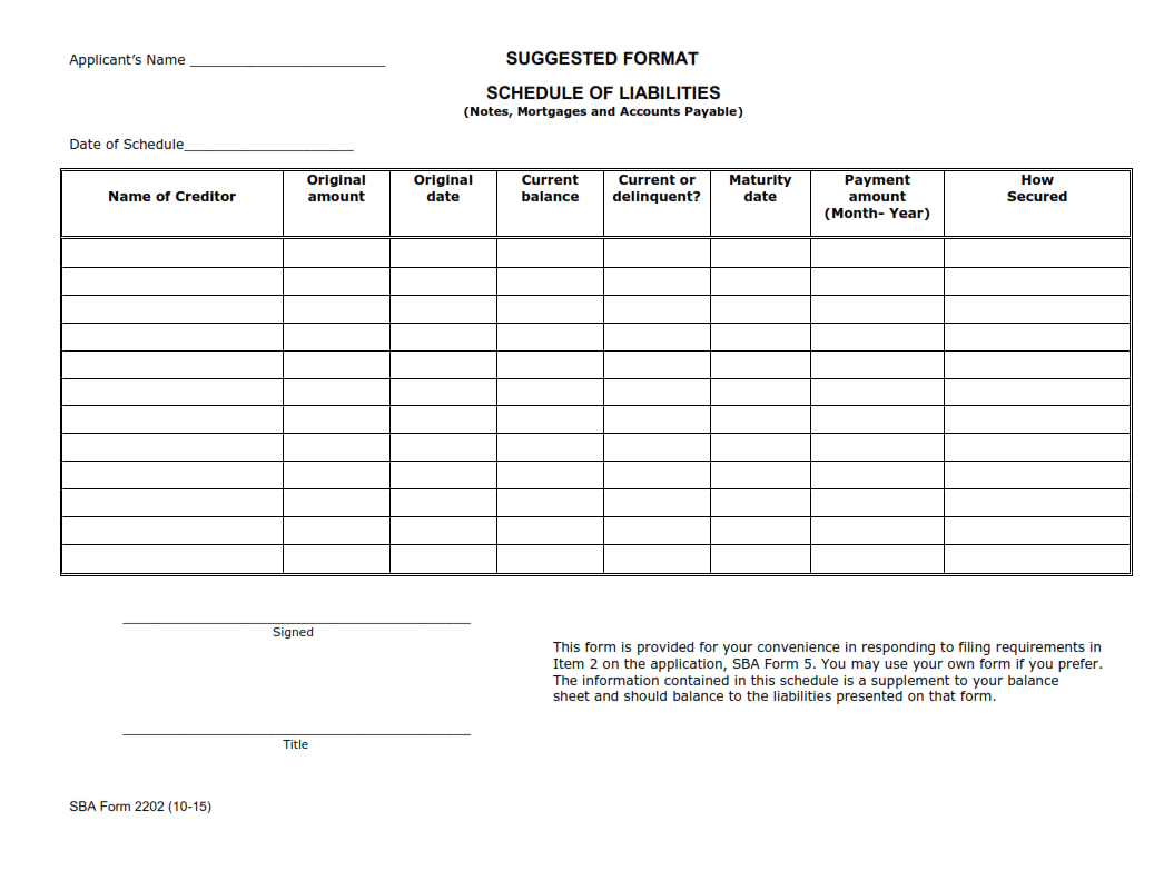 SBA Form 2202 Schedule of Liabilities Origin Form Studio