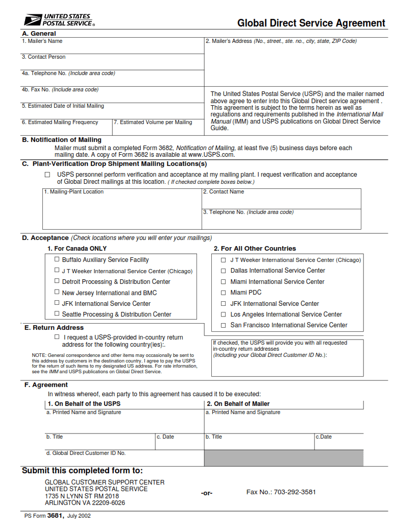 PS Form 3681 Global Direct Service Agreement Origin Form Studio