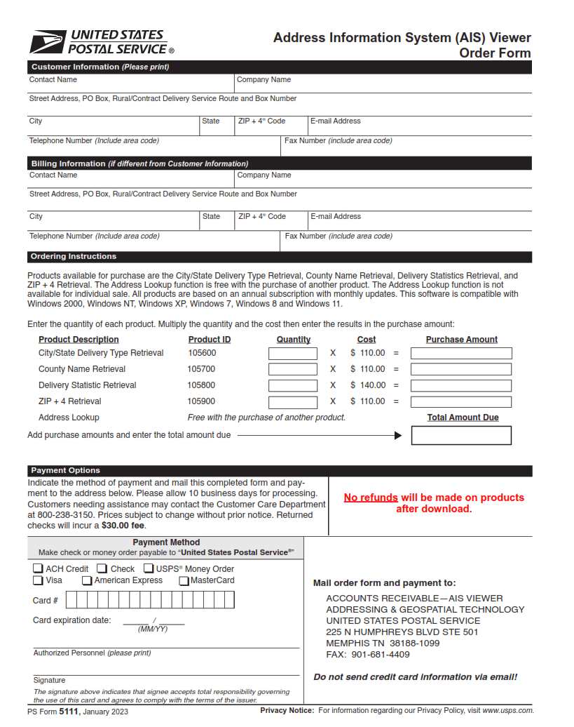 PS Form 5111 Address Information System (AIS) Viewer Order Form Origin Form Studio