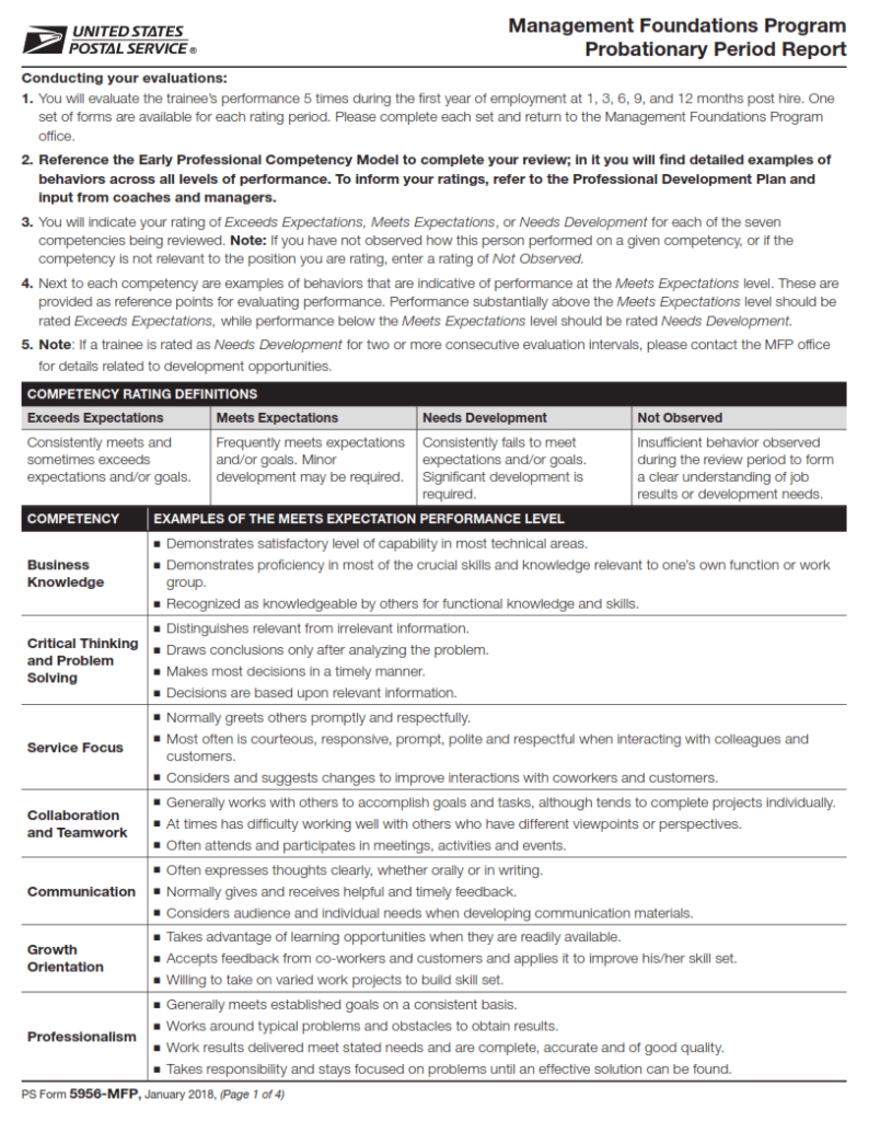 PS Form 5956MFP Management Foundations Program Probationary Period