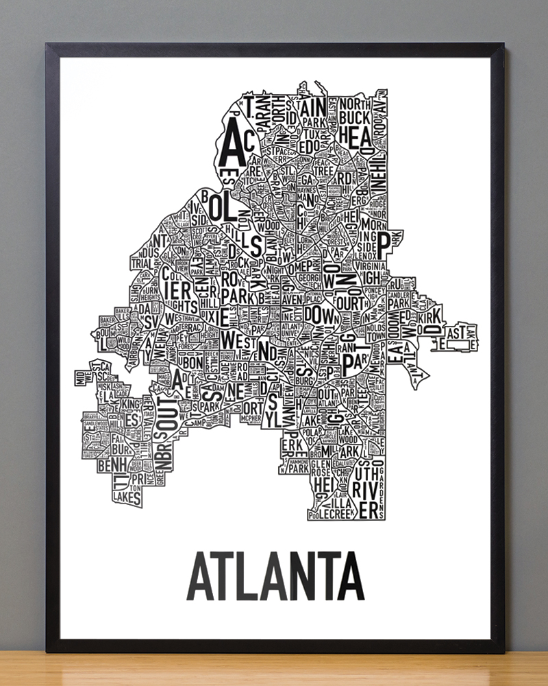 Atlanta Map Print Framed Atlanta Neighborhood Map 18" x 24" Classic Black & White Poster