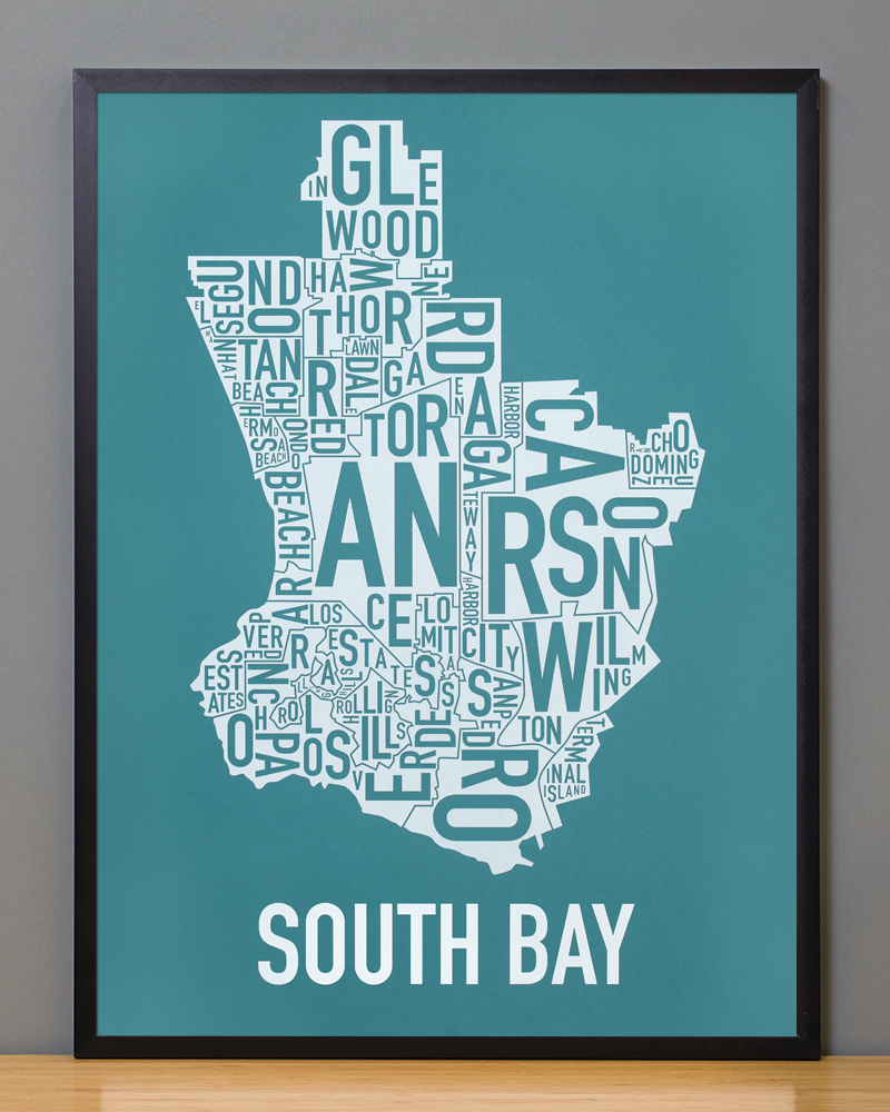 South Bay L.A. Area Map 18" x 24" Teal & White Screenprint
